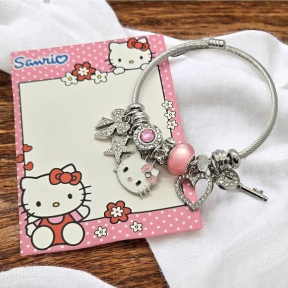 Hello Kitty Beaded Charm Bracelet Rhinestone Silver Heart Bow Cat Star Jewelry - Picture 9 of 12
